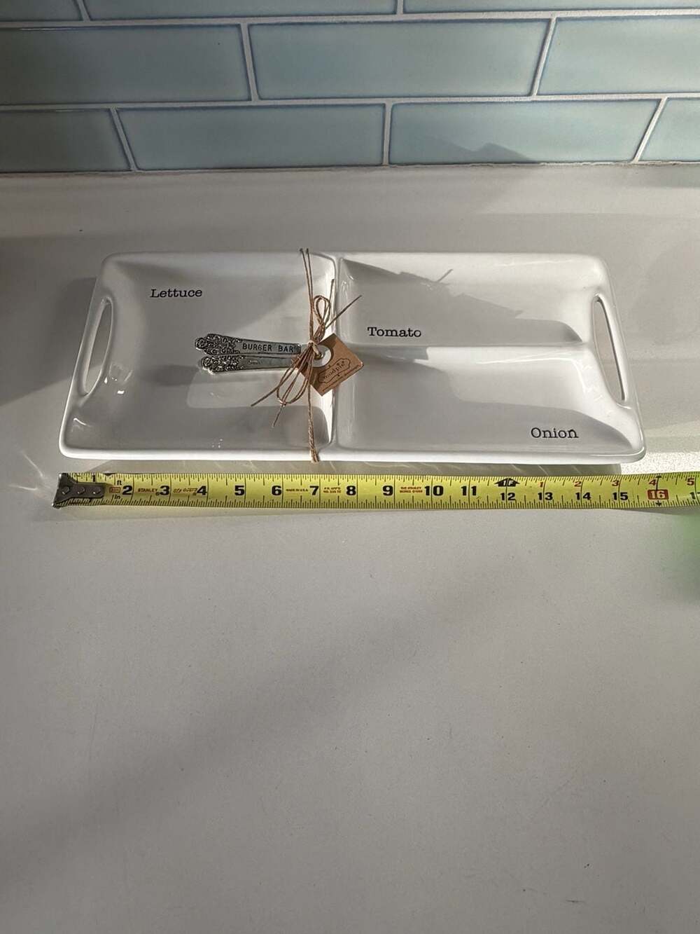Mud Pie brand Burger Bar Ceramic Serving Tray with Metal Spreader - Picture 4 of 5